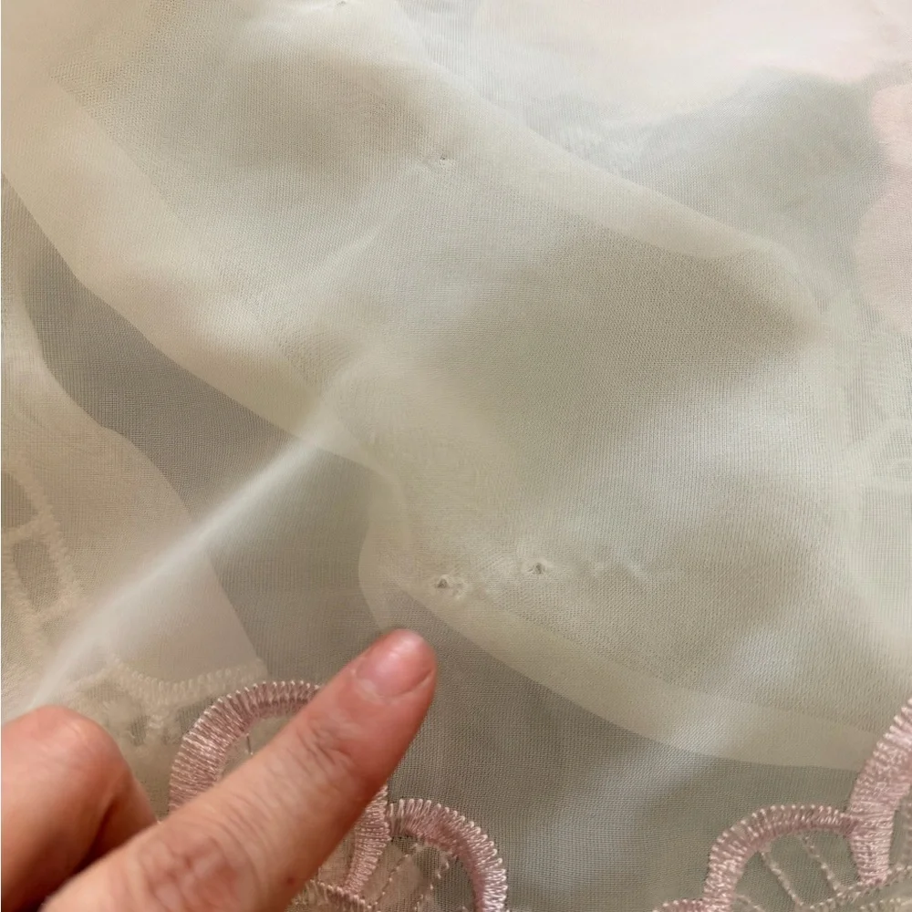 Vintage Sheer Curtains – Pink Rose Embroidered Floral Lace, Cottagecore